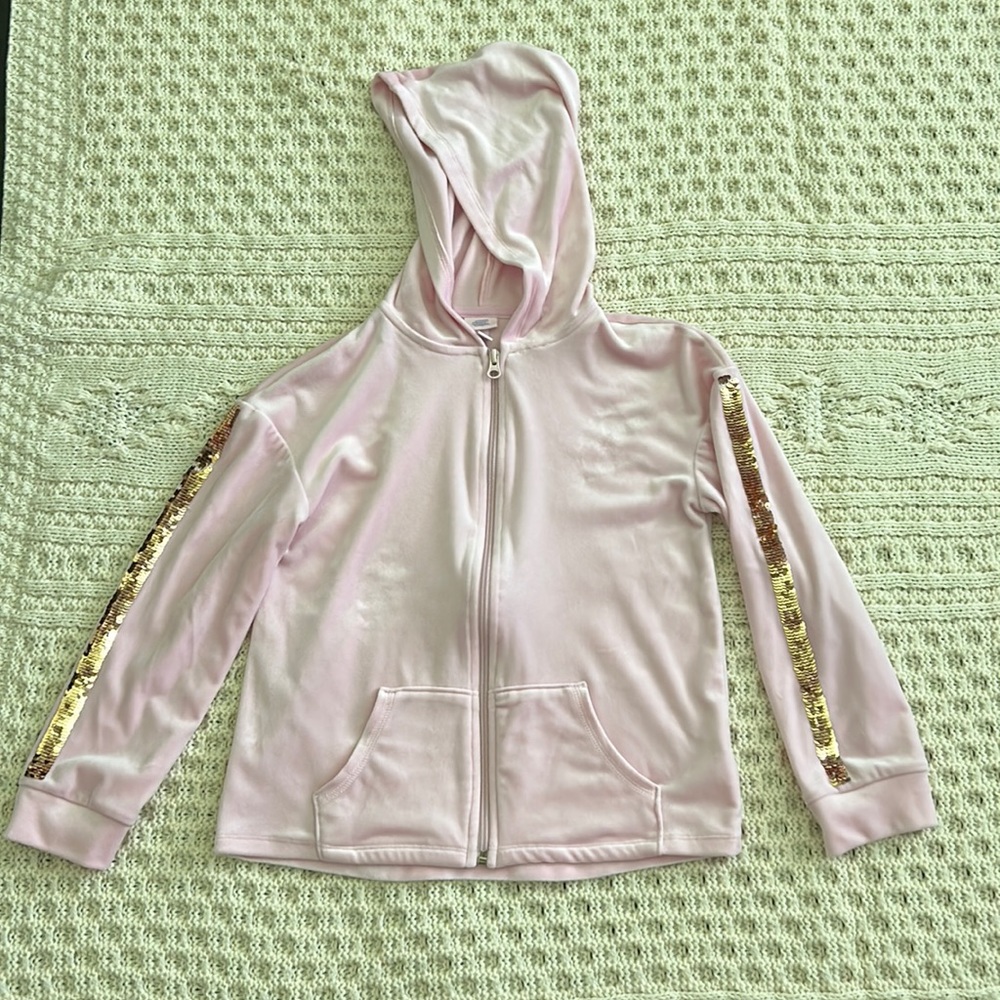 Beautiful light pink velour jogging set (jacket and pants). Sequin copper detail